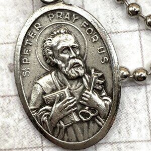 Vintage Saint Peter St. Paul Religious Medal Long Steel Chain Necklace Catholic